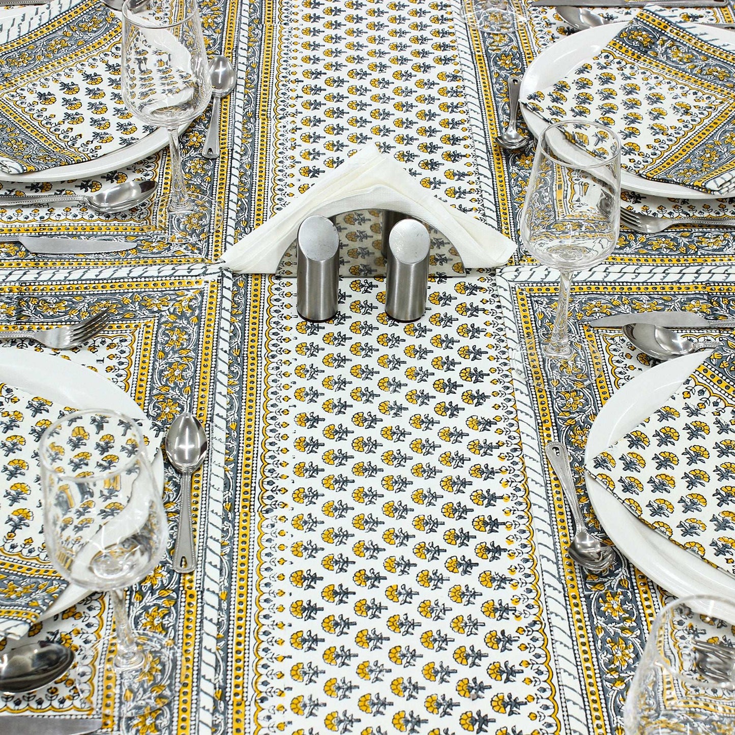 Hand Block Printed Gray and Yellow Tree Printed Cotton Tablecloth - My Store