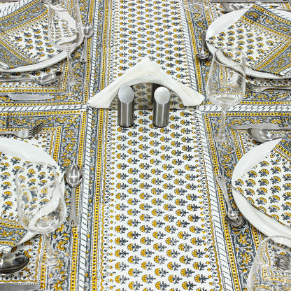 Hand Block Printed Gray and Yellow Tree Printed Cotton Tablecloth - My Store