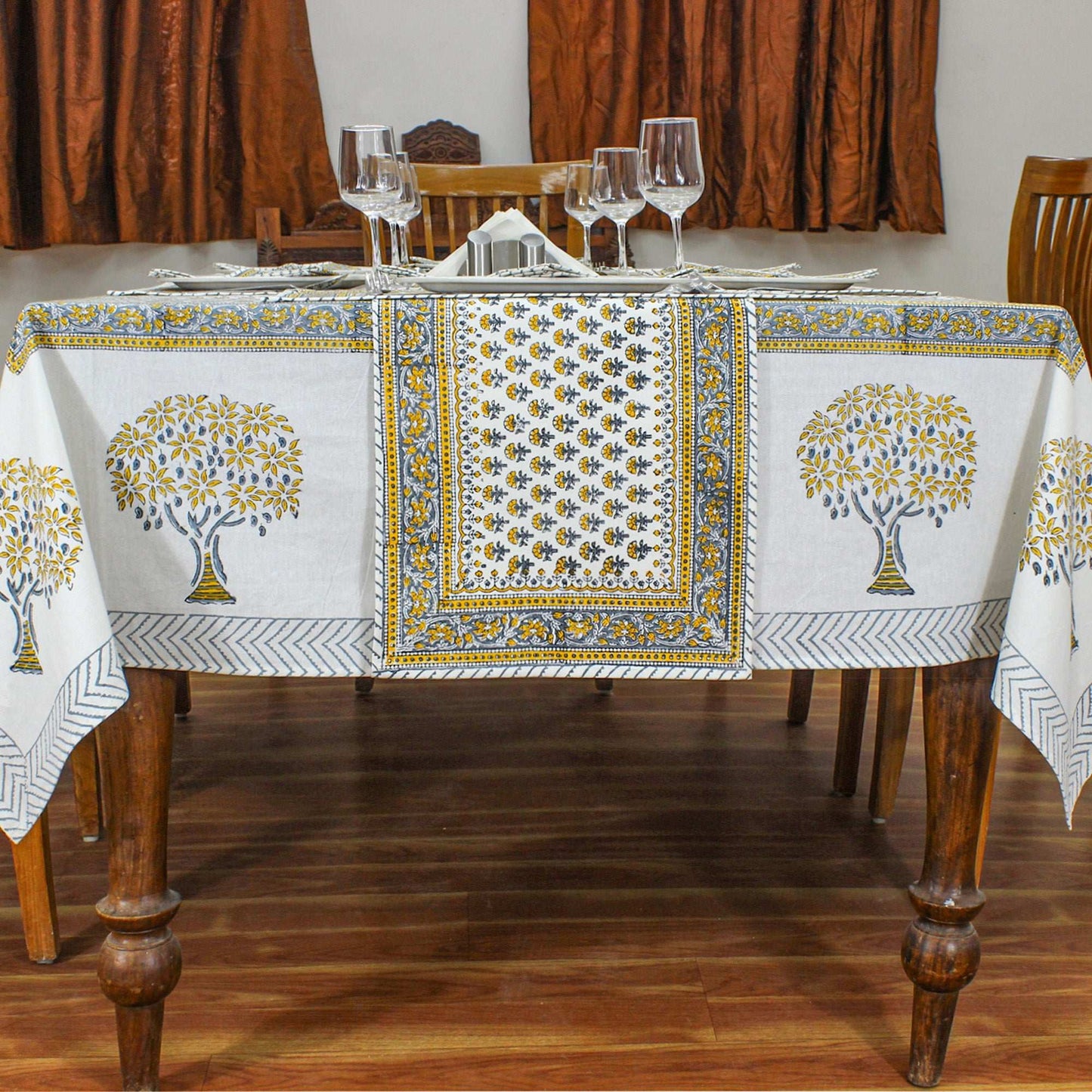 Hand Block Printed Gray and Yellow Tree Printed Cotton Tablecloth - My Store