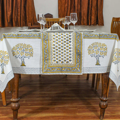 Hand Block Printed Gray and Yellow Tree Printed Cotton Tablecloth - My Store