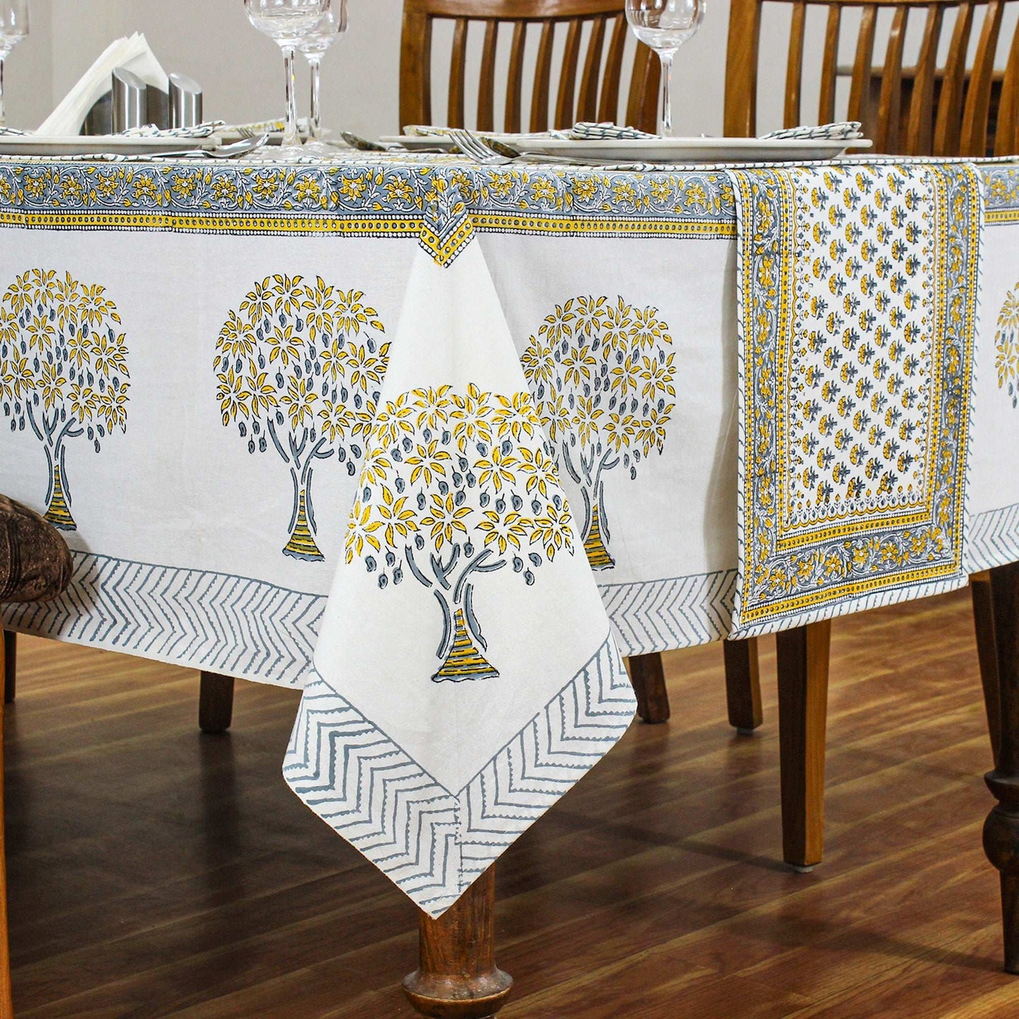 Hand Block Printed Gray and Yellow Tree Printed Cotton Tablecloth - My Store