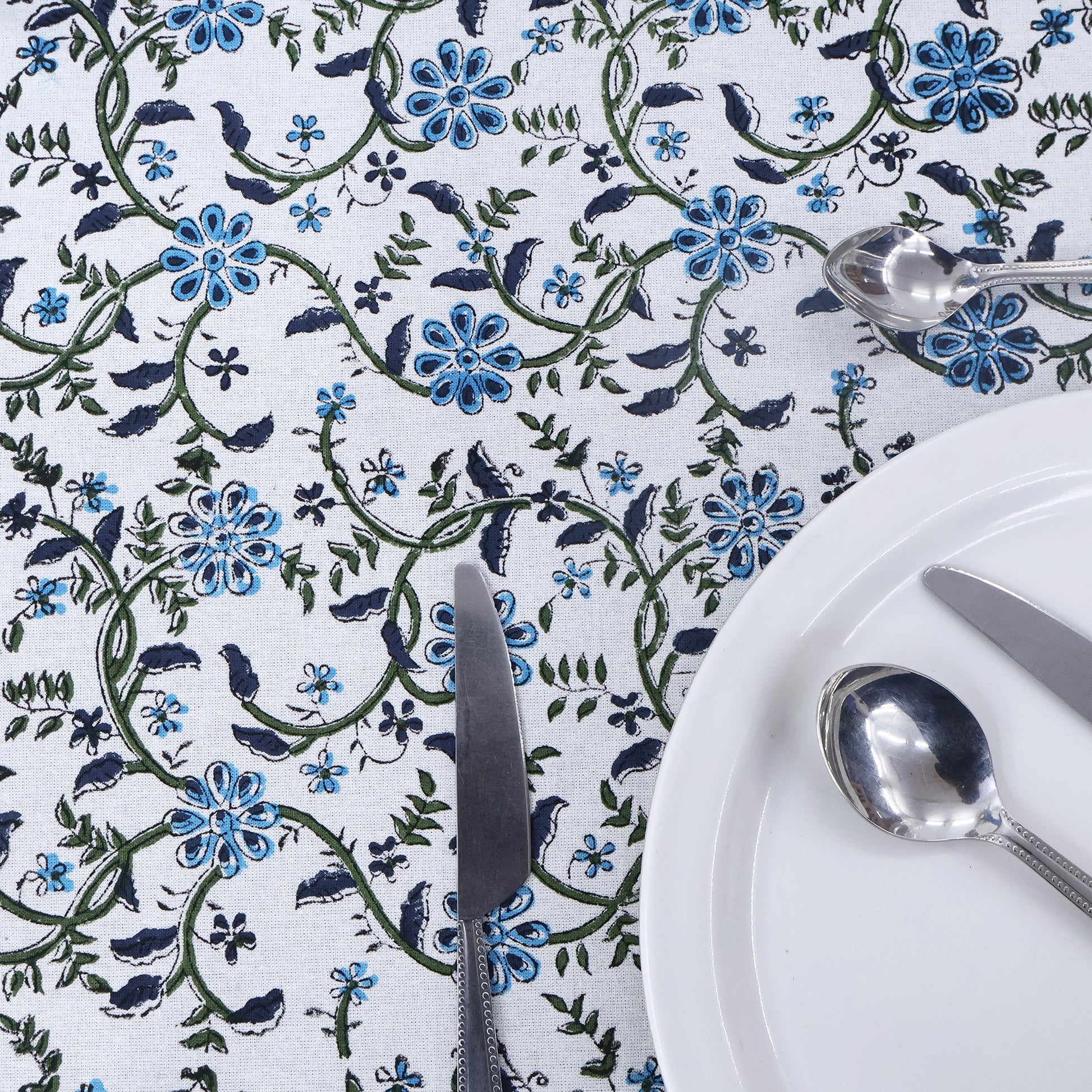 Indian Handmade Block Printed Cotton Blue and White Rectangle Tablecloth - My Store