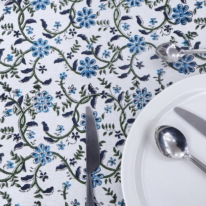 Indian Handmade Block Printed Cotton Blue and White Rectangle Tablecloth - My Store