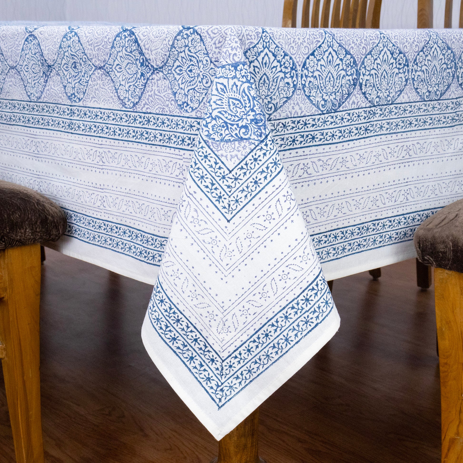 Artisan Block Print Cotton Tablecloth, Blue and Gray Indian Rectangle Dining Cover - My Store
