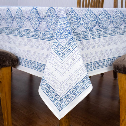 Artisan Block Print Cotton Tablecloth, Blue and Gray Indian Rectangle Dining Cover - My Store