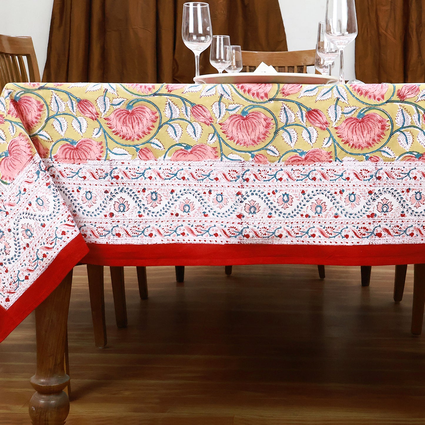 Multicolor Hand Block Printed Floral Print Tablecloth With Beautiful Red Border - My Store