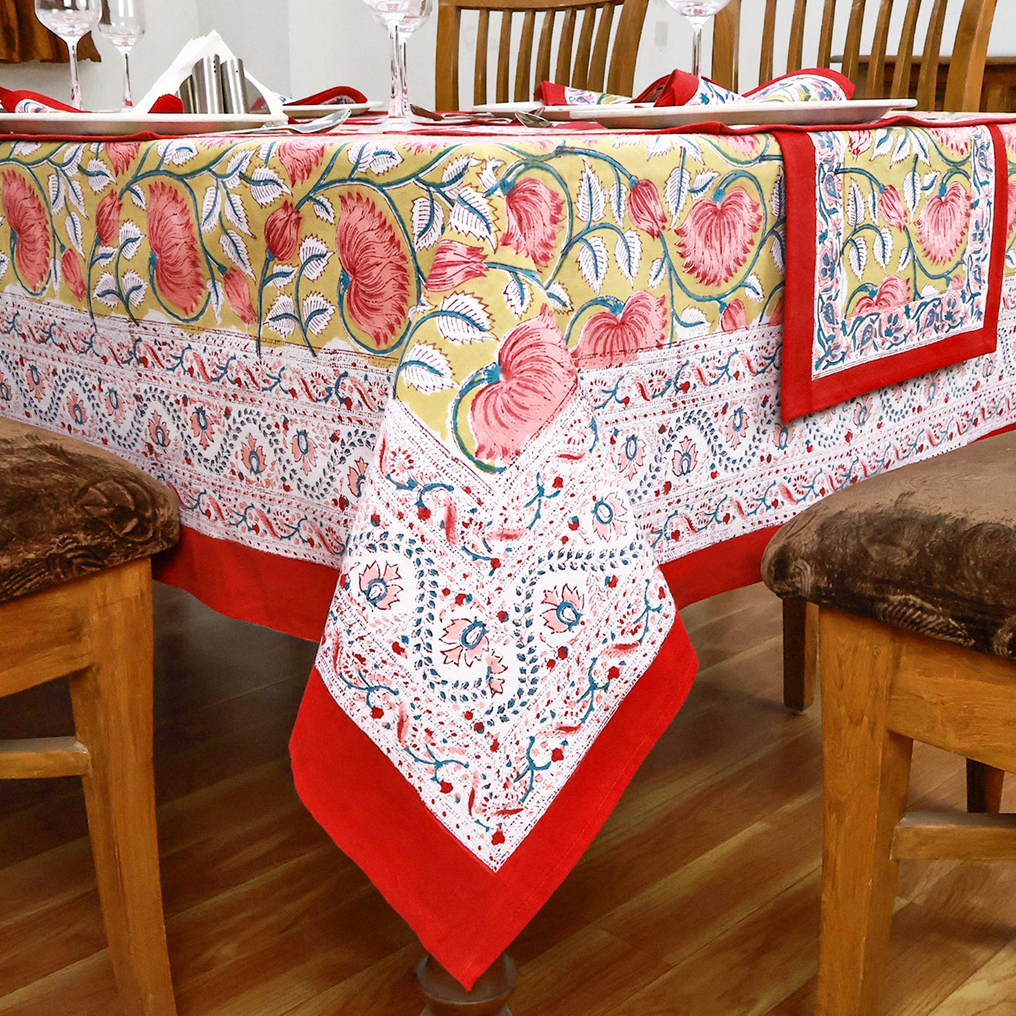 Multicolor Hand Block Printed Floral Print Tablecloth With Beautiful Red Border - My Store