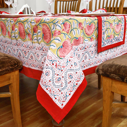 Multicolor Hand Block Printed Floral Print Tablecloth With Beautiful Red Border - My Store