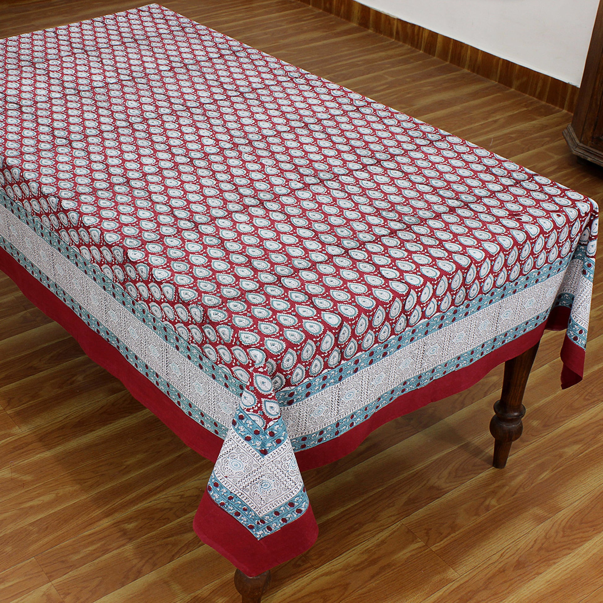 Cotton Red and White Hand Block Printed Dinning Tablecloth - My Store