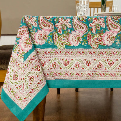 Artisan Block Print Cotton Tablecloth, Green and Pink Indian Rectangle Dining Cover - My Store