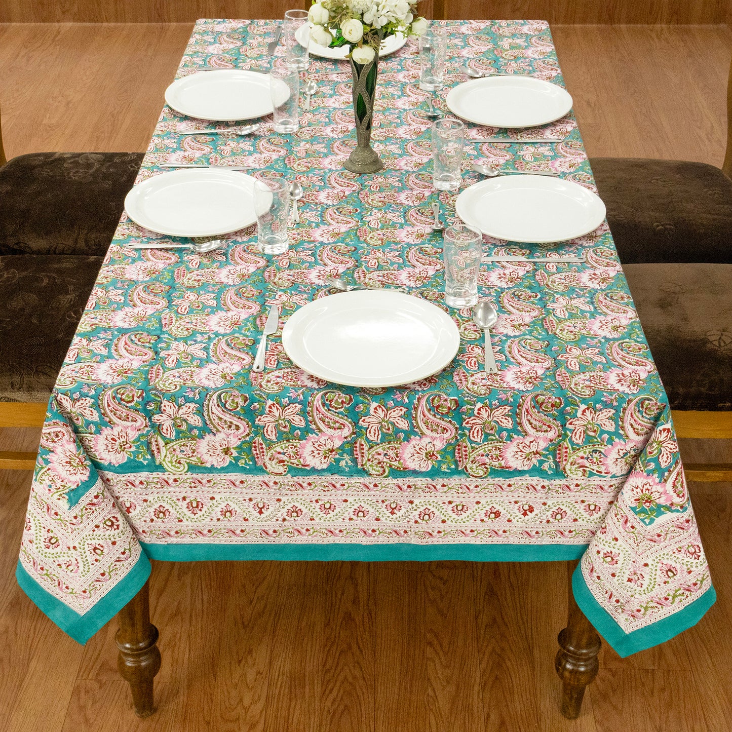 Artisan Block Print Cotton Tablecloth, Green and Pink Indian Rectangle Dining Cover - My Store