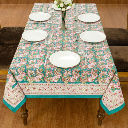 Artisan Block Print Cotton Tablecloth, Green and Pink Indian Rectangle Dining Cover - My Store