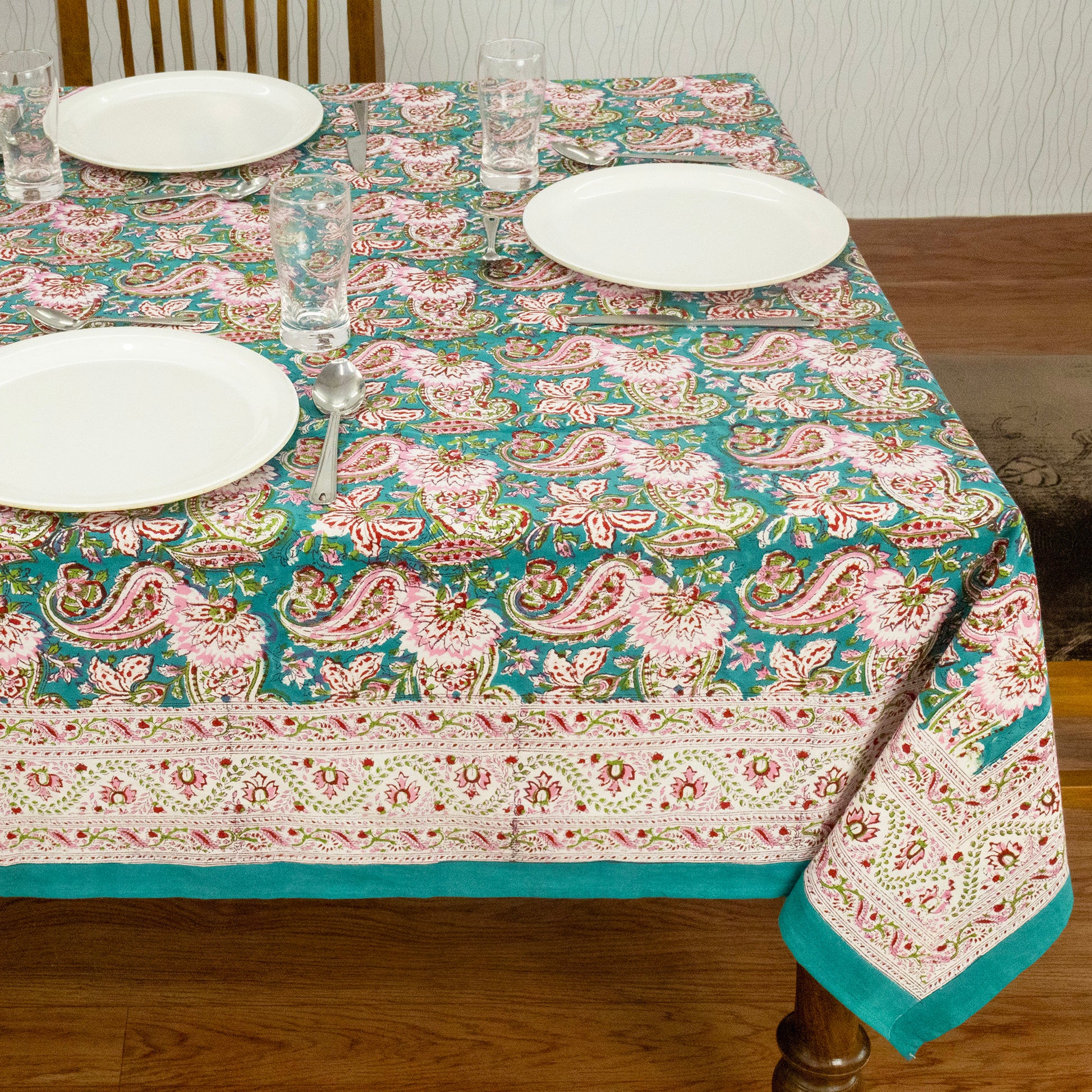 Artisan Block Print Cotton Tablecloth, Green and Pink Indian Rectangle Dining Cover - My Store