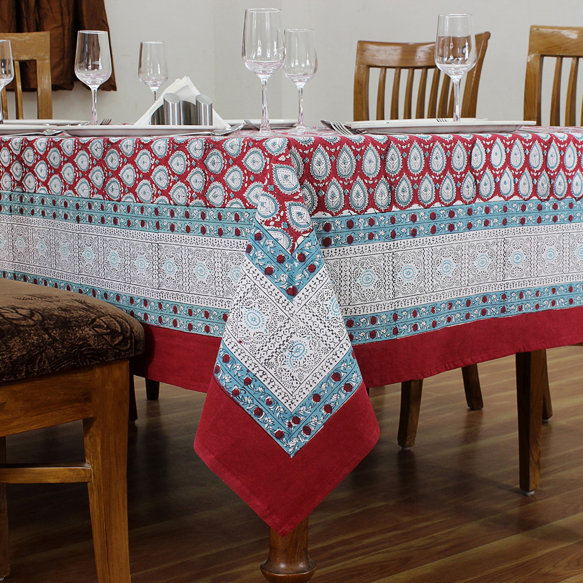 Cotton Red and White Hand Block Printed Dinning Tablecloth - My Store