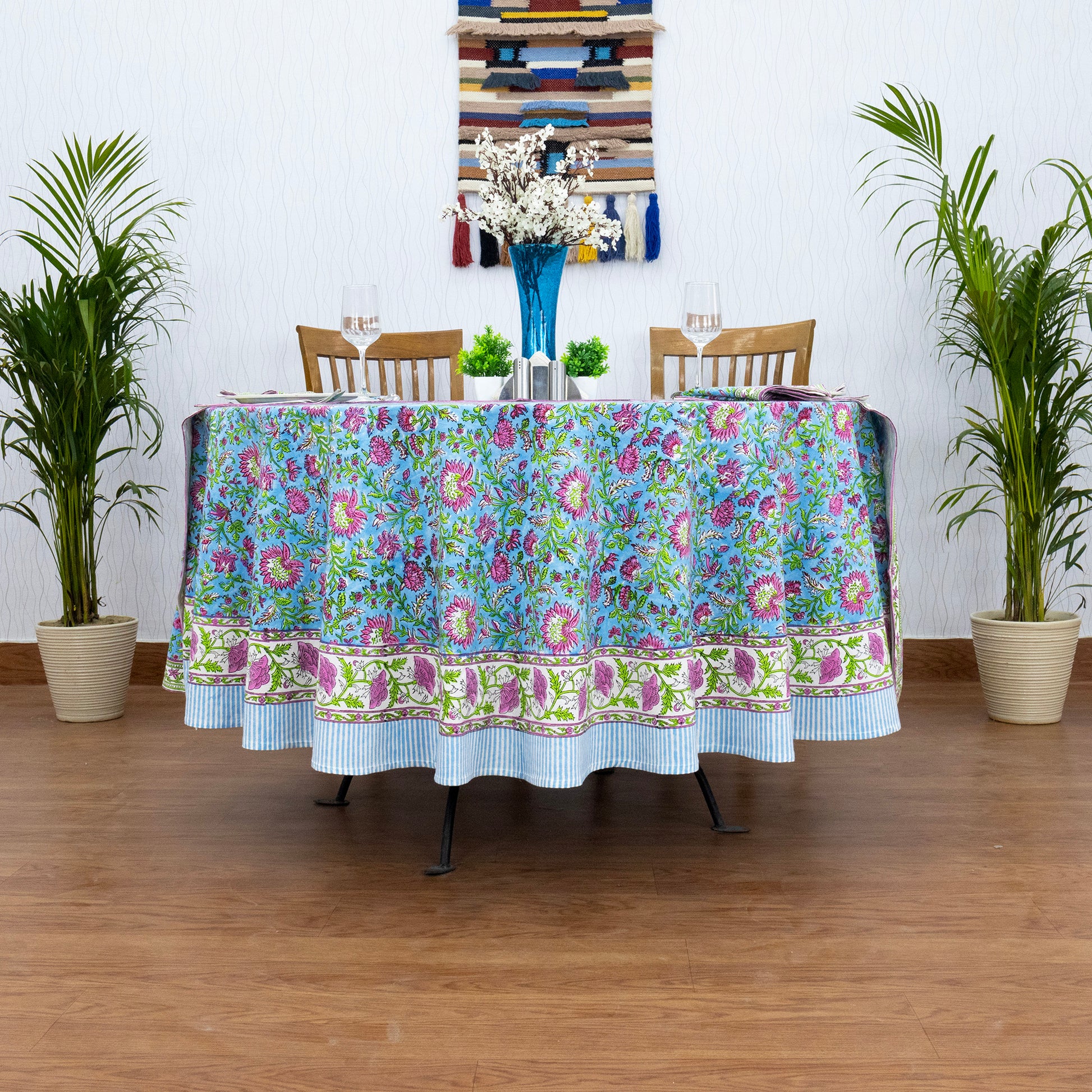 Blue and Pink Handmade Block Print Cotton Round Tablecloth - My Store