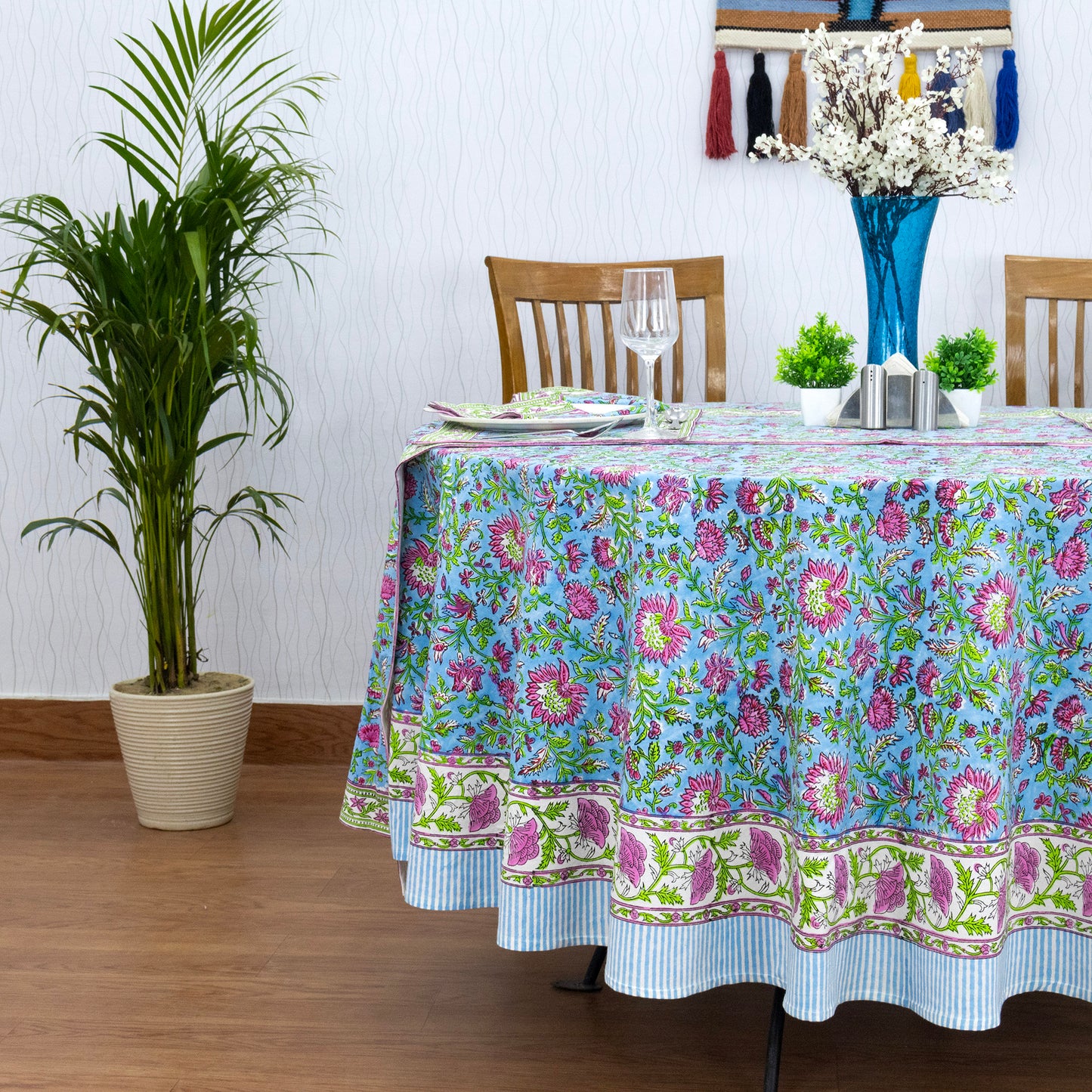 Blue and Pink Handmade Block Print Cotton Round Tablecloth - My Store