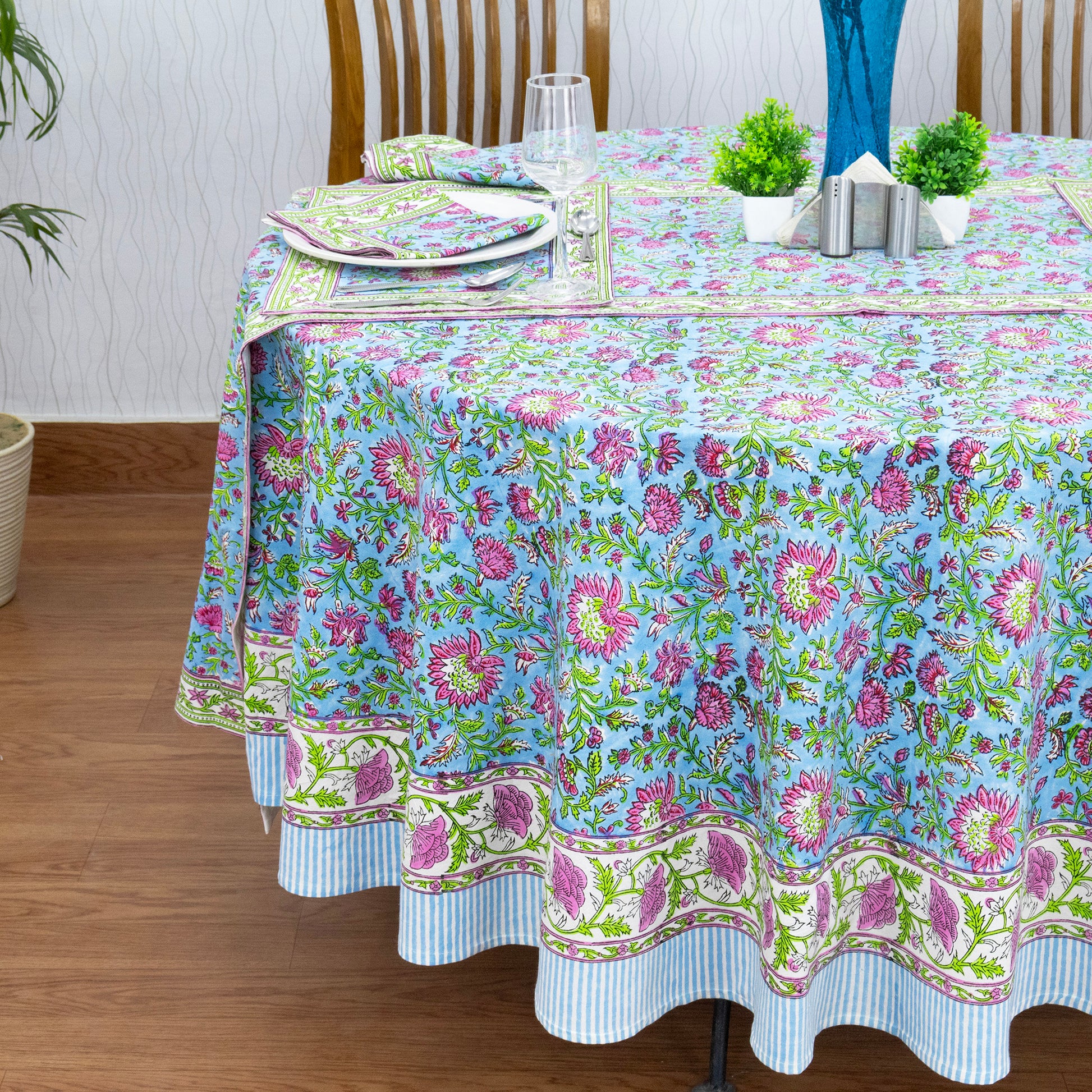 Blue and Pink Handmade Block Print Cotton Round Tablecloth - My Store