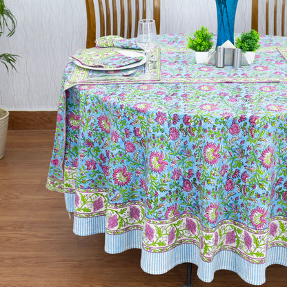 Blue and Pink Handmade Block Print Cotton Round Tablecloth - My Store