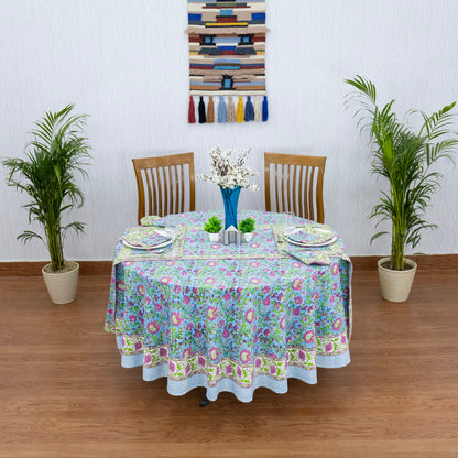 Blue and Pink Handmade Block Print Cotton Round Tablecloth - My Store