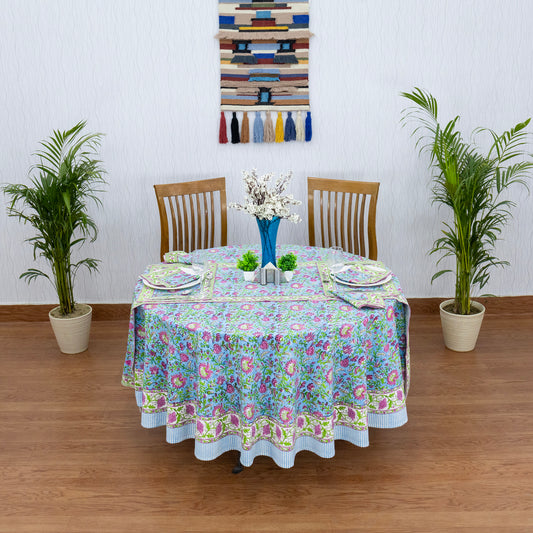 Blue and Pink Handmade Block Print Cotton Round Tablecloth - My Store