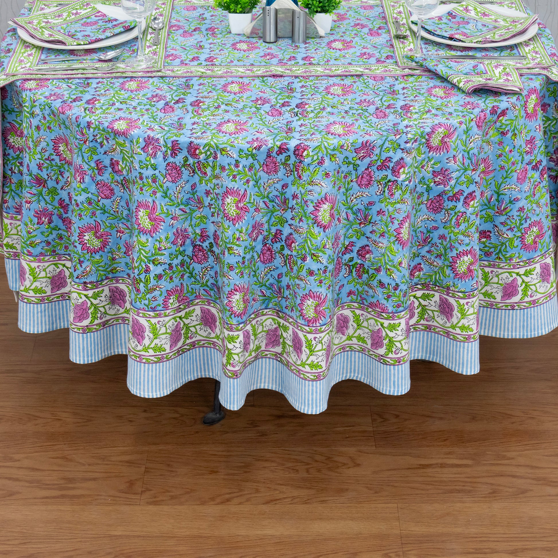 Blue and Pink Handmade Block Print Cotton Round Tablecloth - My Store