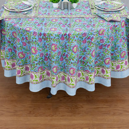 Blue and Pink Handmade Block Print Cotton Round Tablecloth - My Store