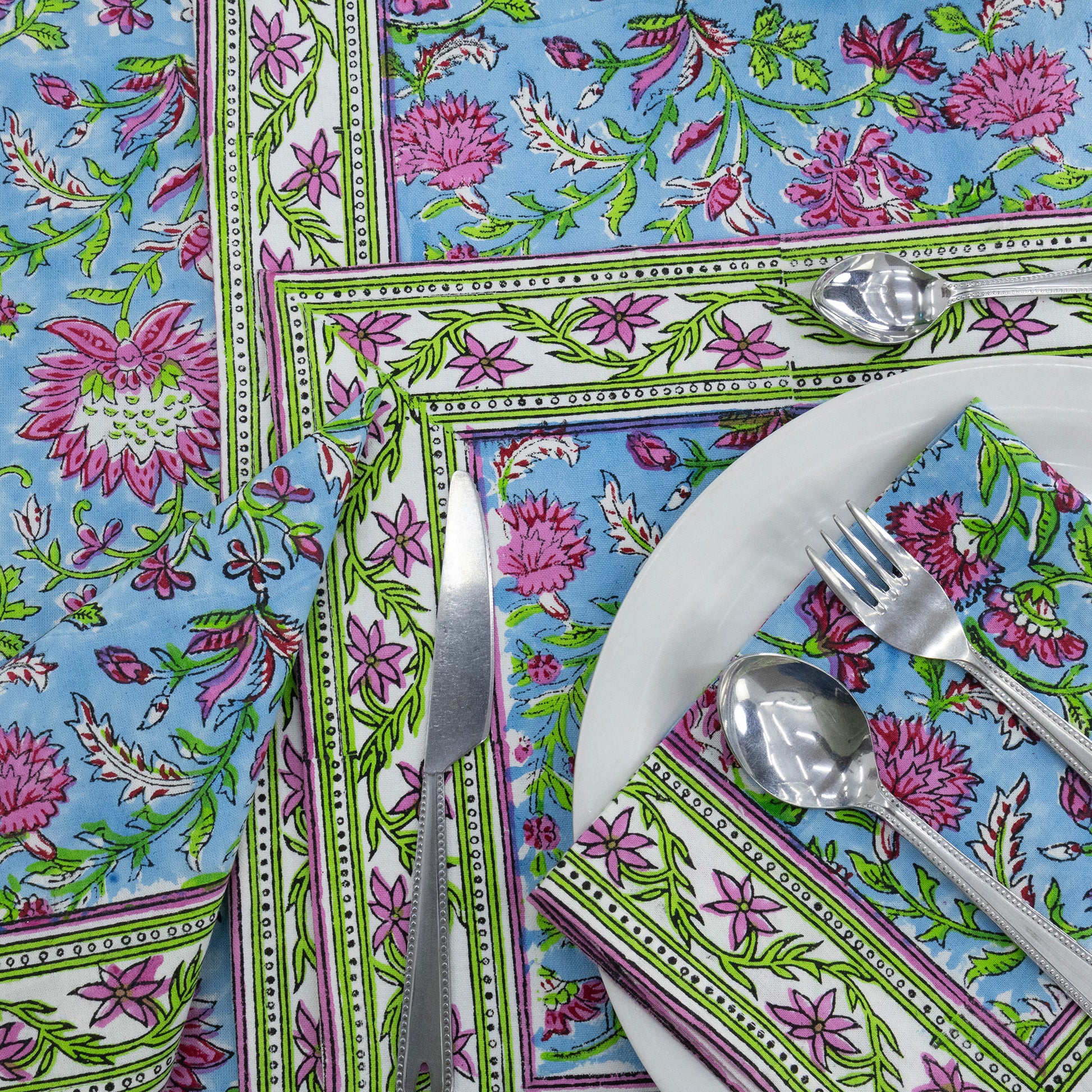 Blue and Pink Handmade Block Print Cotton Round Tablecloth - My Store