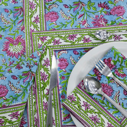 Blue and Pink Handmade Block Print Cotton Round Tablecloth - My Store