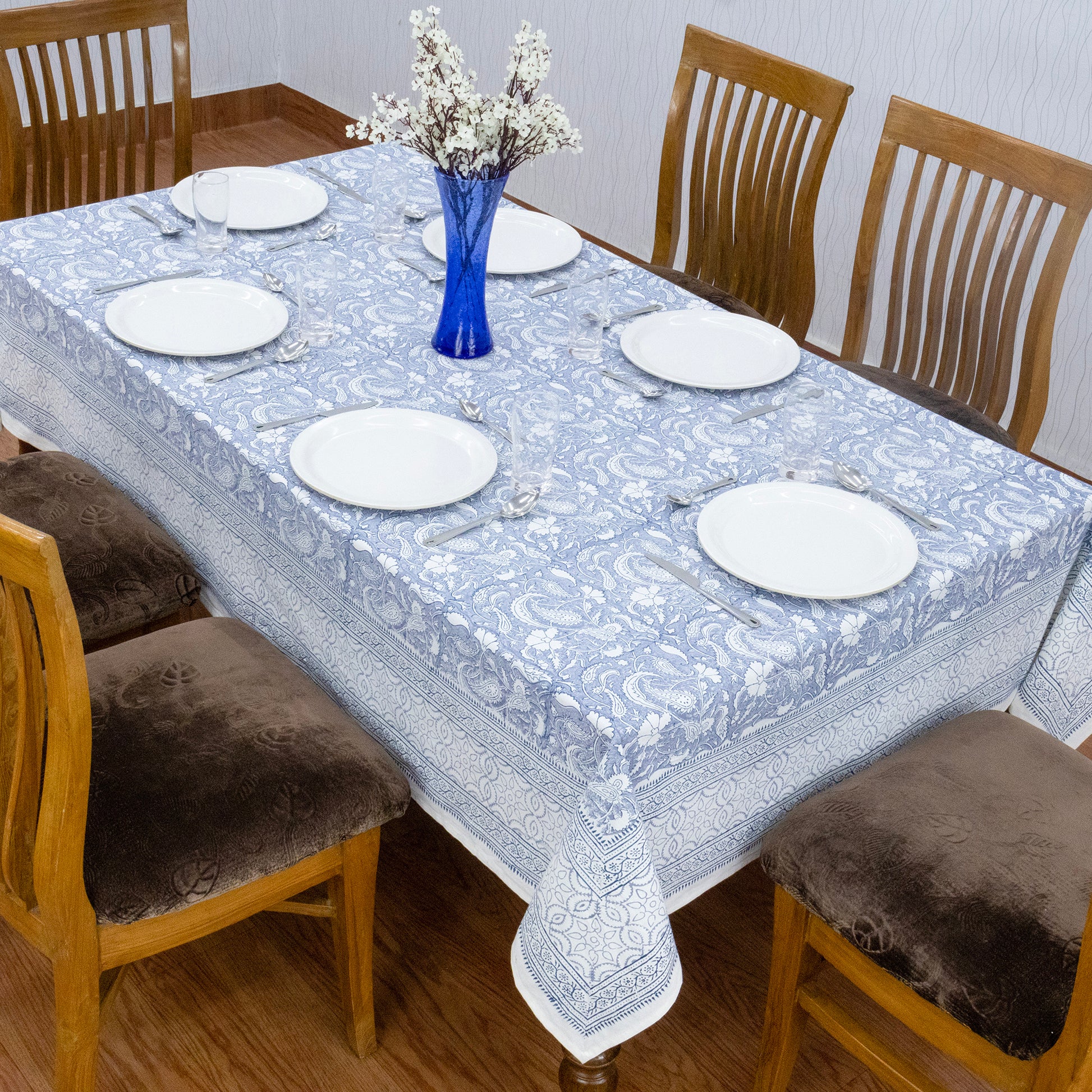 Blue and White Block Print Cotton Tablecloth, Handmade Indian Rectangle Table Linen - My Store