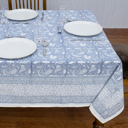 Blue and White Block Print Cotton Tablecloth, Handmade Indian Rectangle Table Linen - My Store