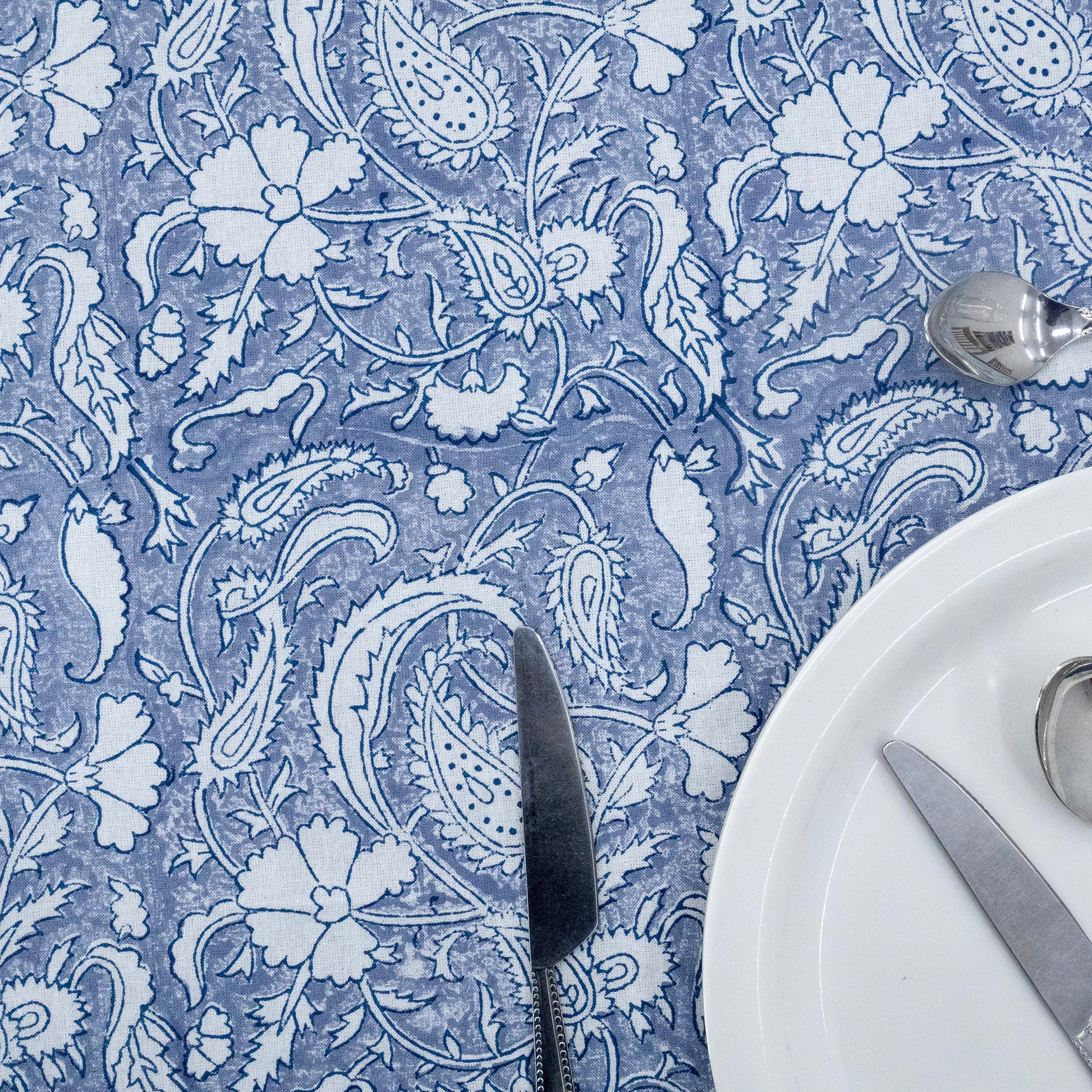 Blue and White Block Print Cotton Tablecloth, Handmade Indian Rectangle Table Linen - My Store