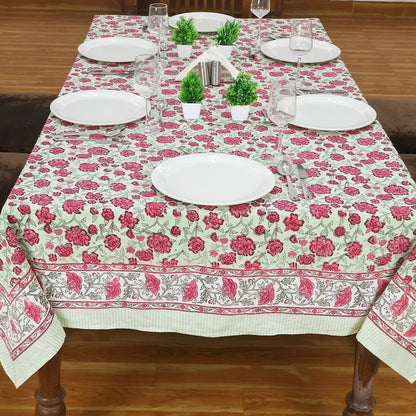 Pink and Green Hand Block Printed Cotton Rectangle Tablecloth - My Store