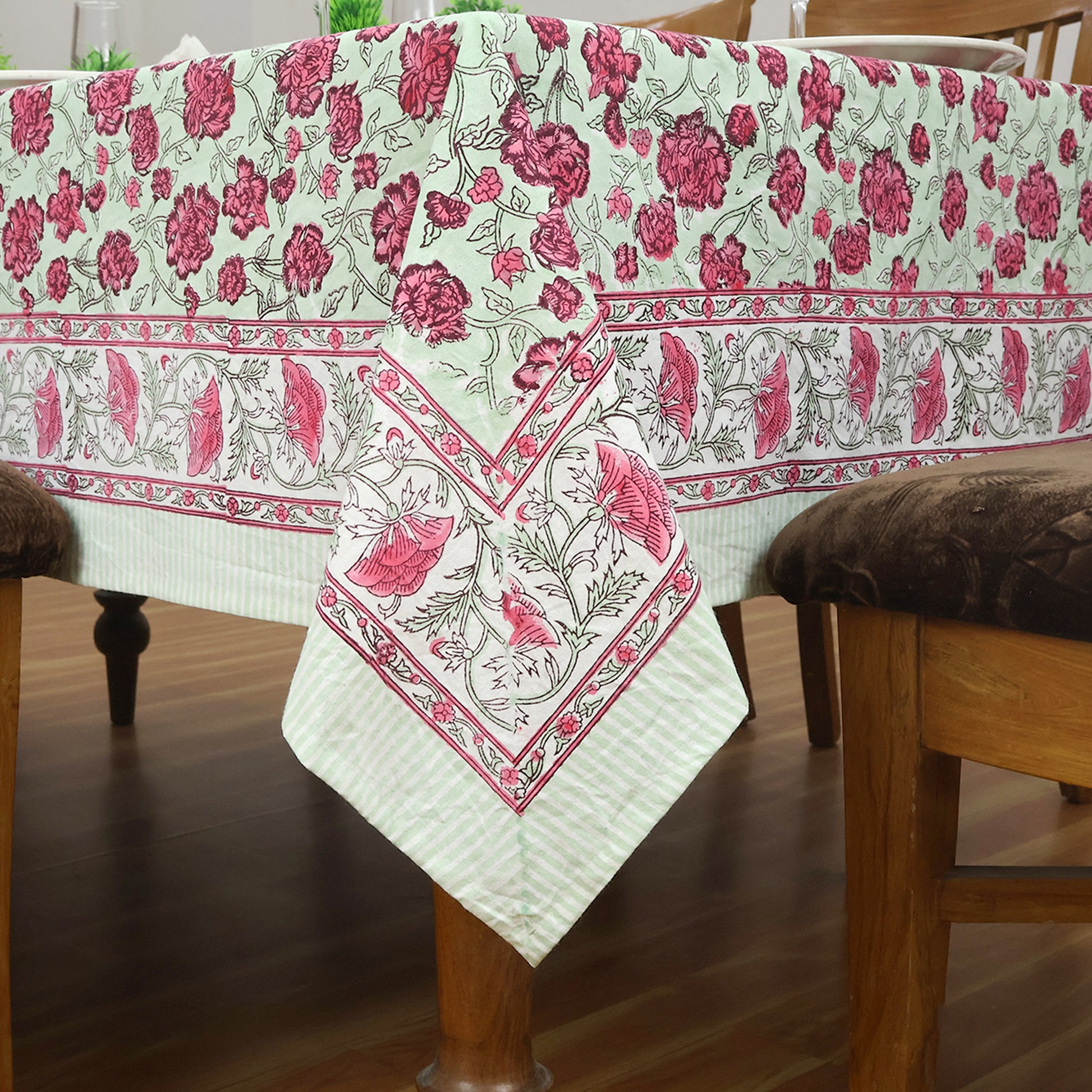 Pink and Green Hand Block Printed Cotton Rectangle Tablecloth - My Store