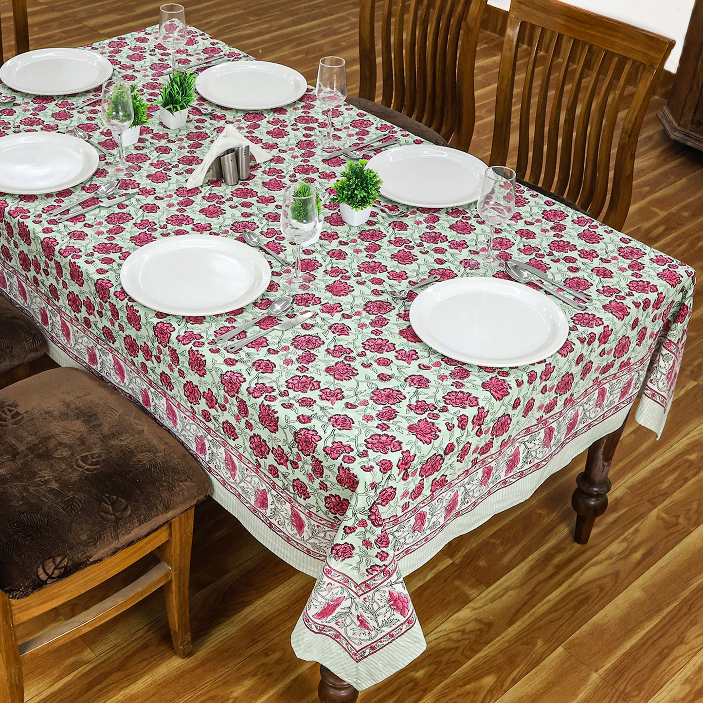 Pink and Green Hand Block Printed Cotton Rectangle Tablecloth - My Store