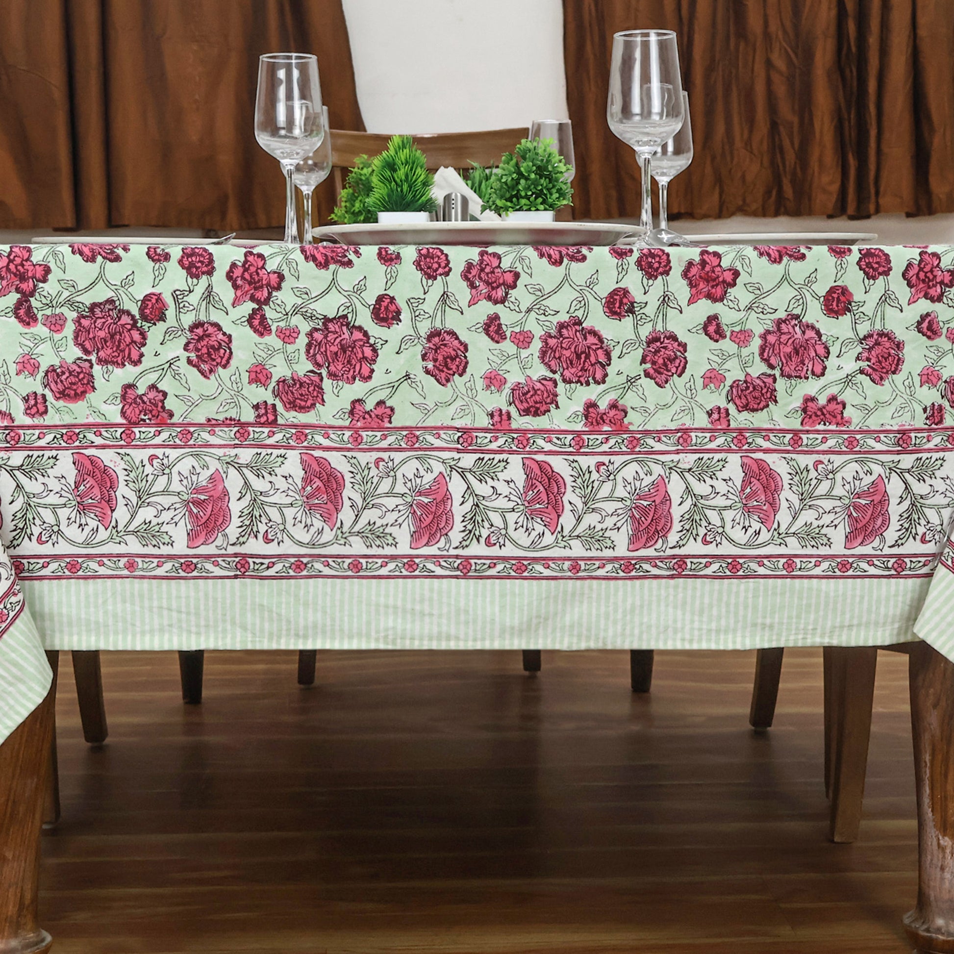 Pink and Green Hand Block Printed Cotton Rectangle Tablecloth - My Store