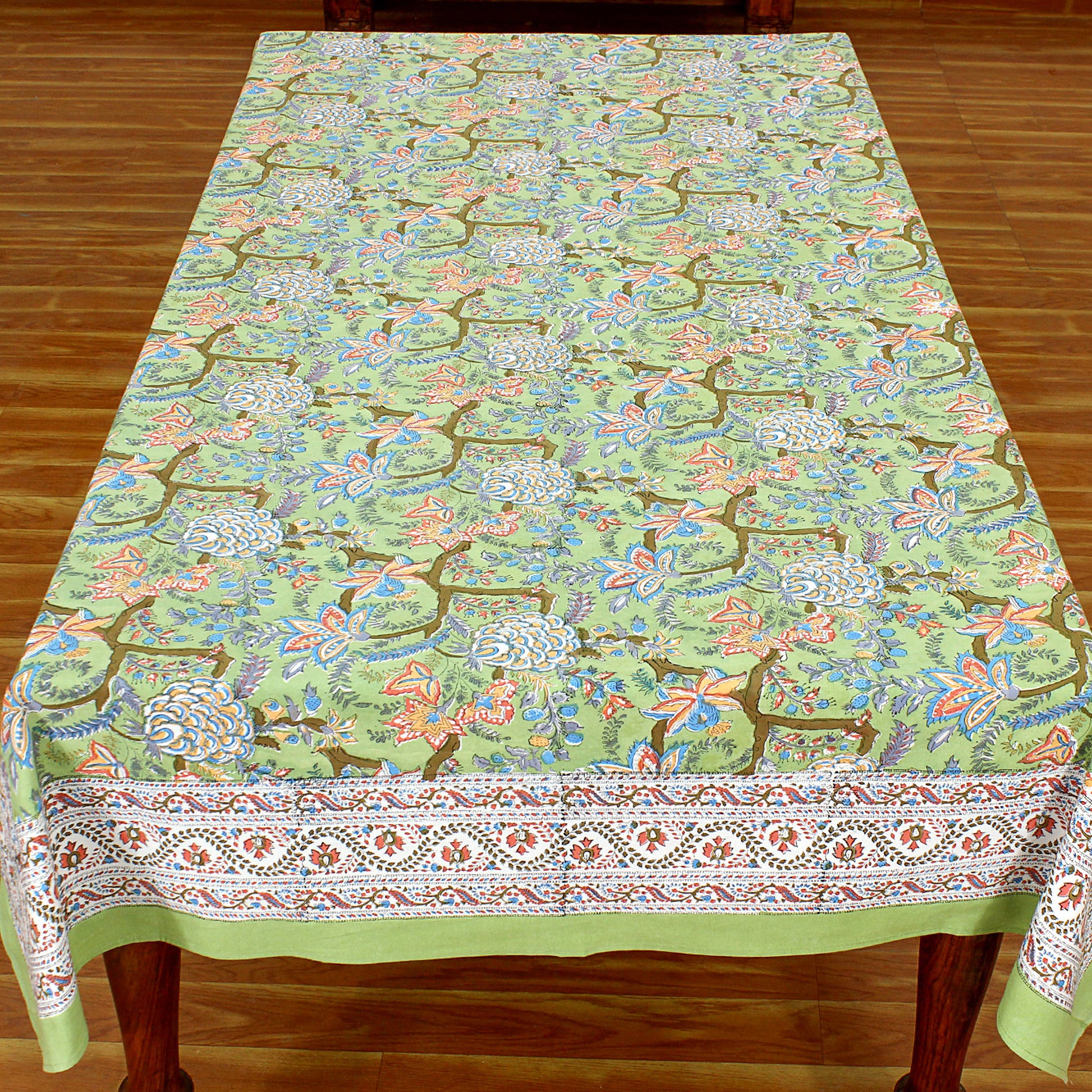 Green and Red Block Printed Cotton Rectangle Dinning Tablecloth - My Store