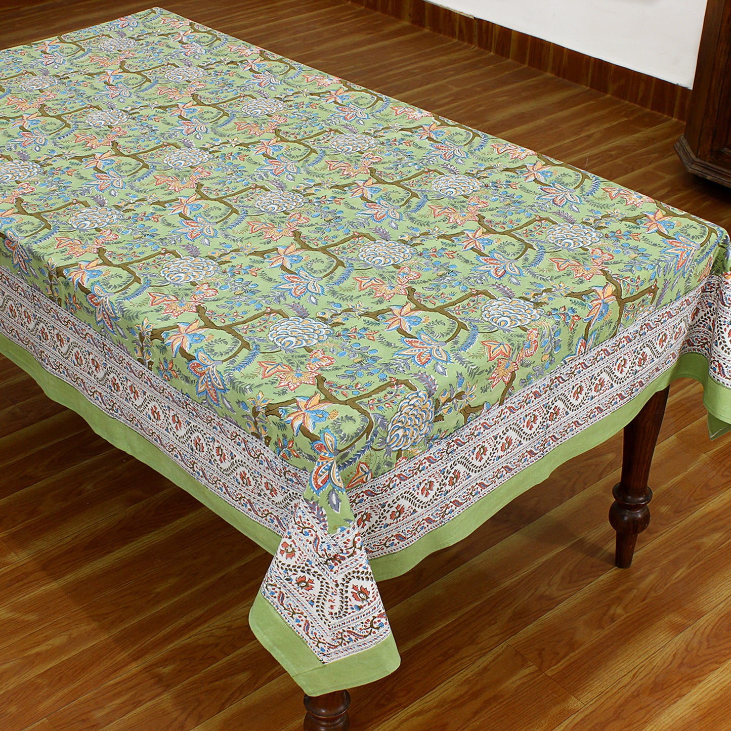 Green and Red Block Printed Cotton Rectangle Dinning Tablecloth - My Store