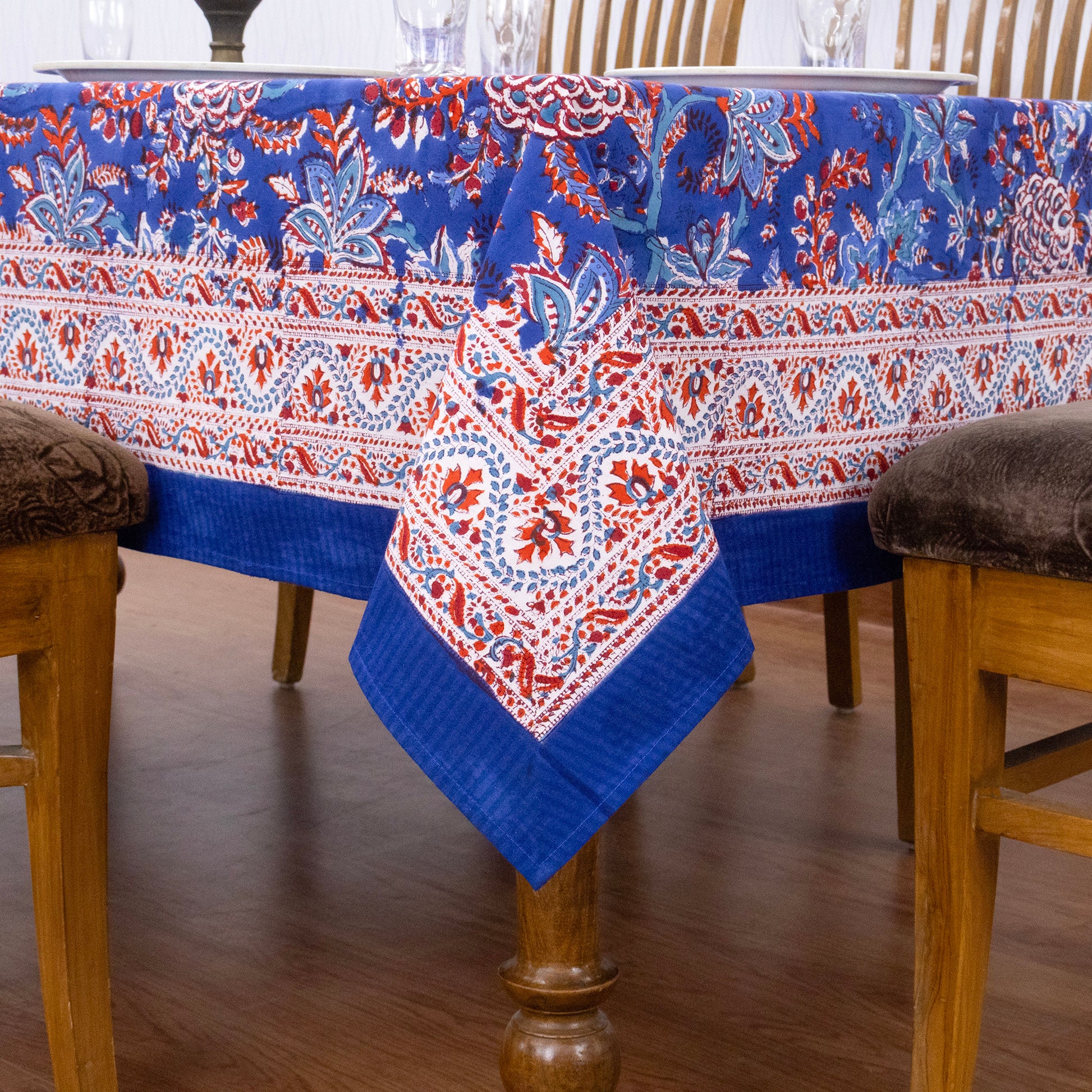 Artisan Block Print Cotton Tablecloth, Purple and Red Indian Rectangle Dining Cover - My Store