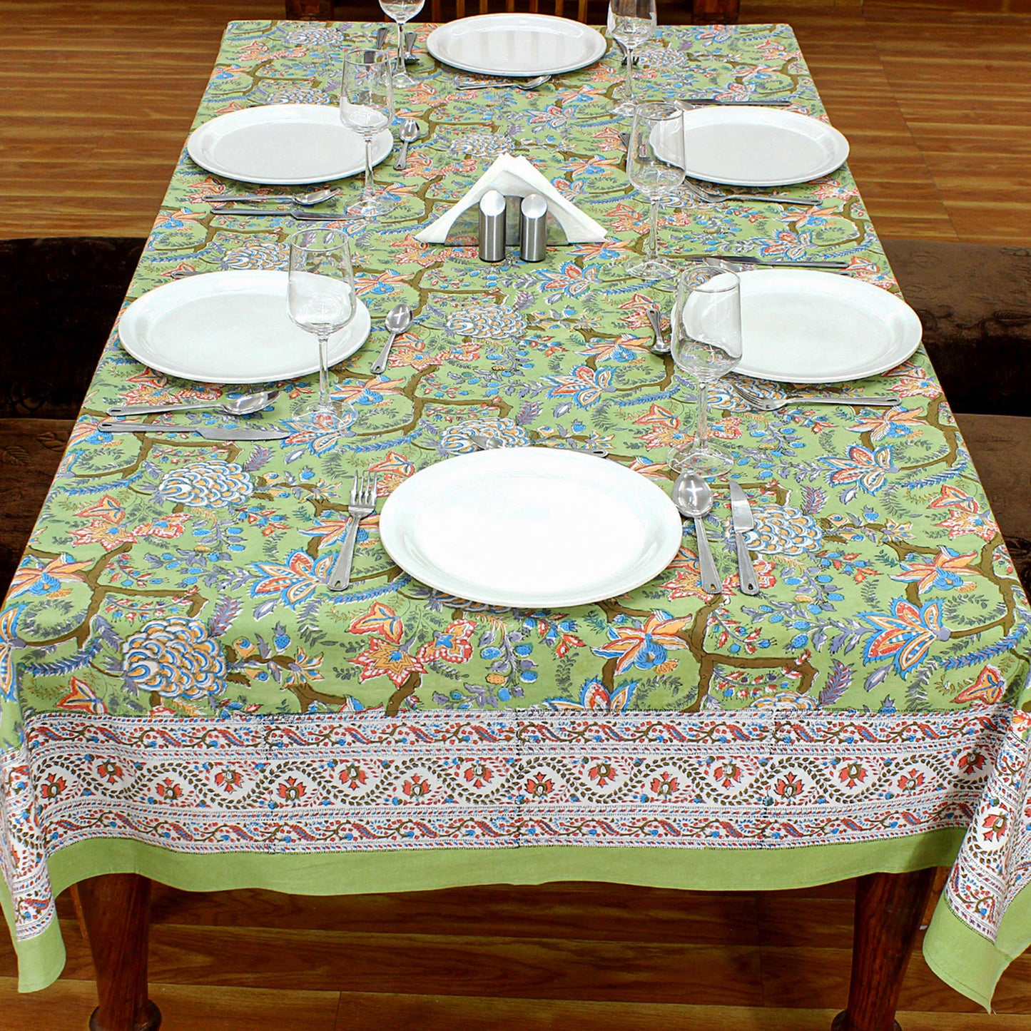 Green and Red Block Printed Cotton Rectangle Dinning Tablecloth - My Store