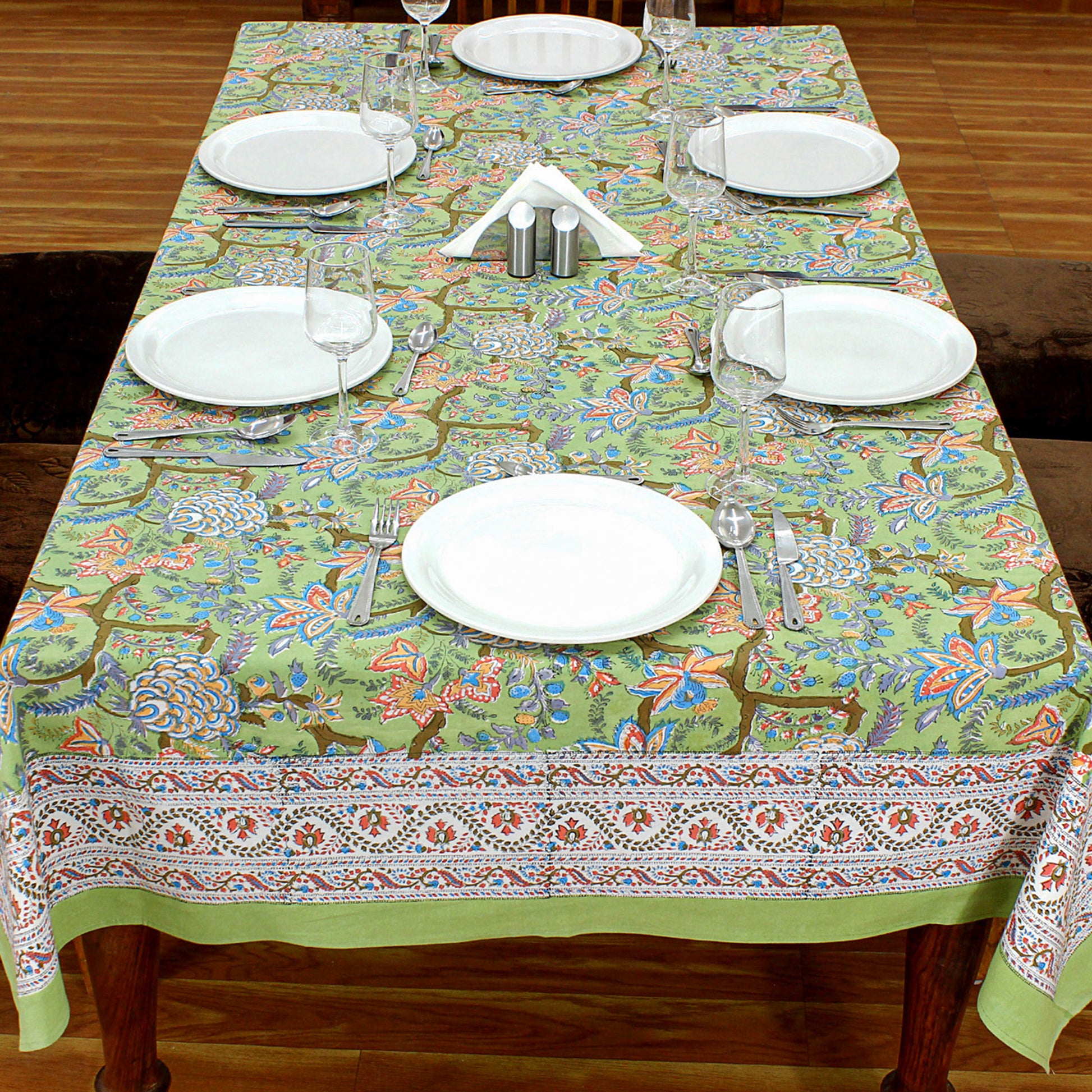 Green and Red Block Printed Cotton Rectangle Dinning Tablecloth - My Store