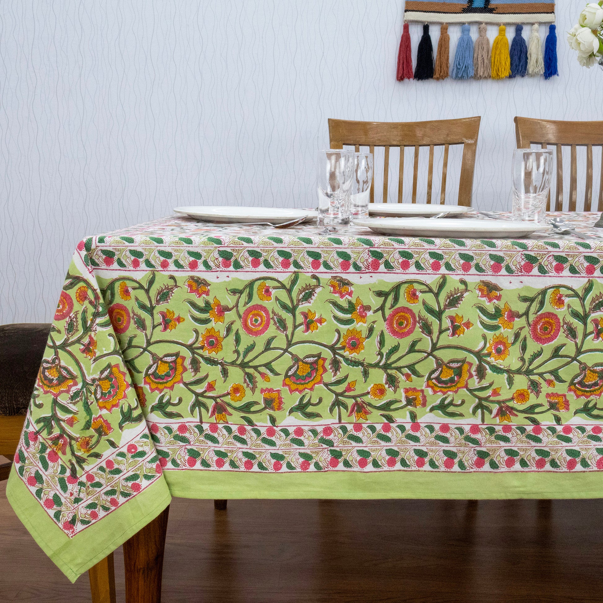 Green and Yellow Block Print Cotton Tablecloth, Handmade Indian Rectangle Table Linen - My Store