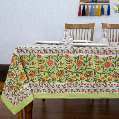 Green and Yellow Block Print Cotton Tablecloth, Handmade Indian Rectangle Table Linen - My Store