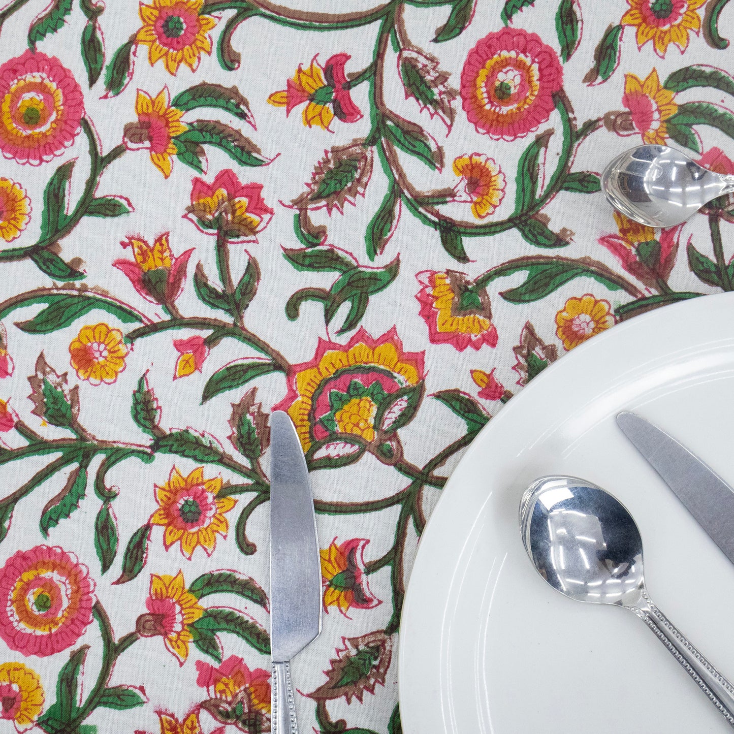 Green and Yellow Block Print Cotton Tablecloth, Handmade Indian Rectangle Table Linen - My Store