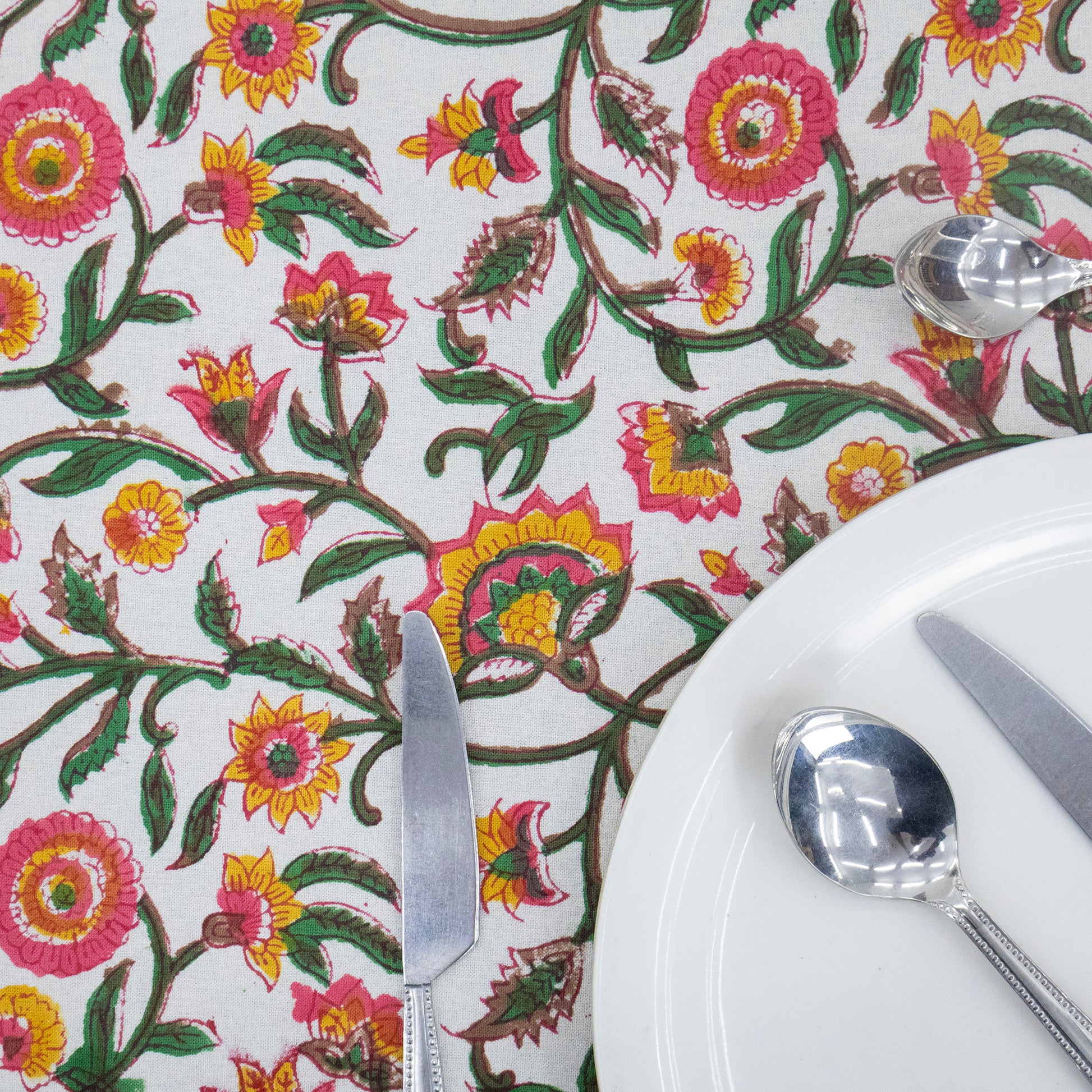 Green and Yellow Block Print Cotton Tablecloth, Handmade Indian Rectangle Table Linen - My Store