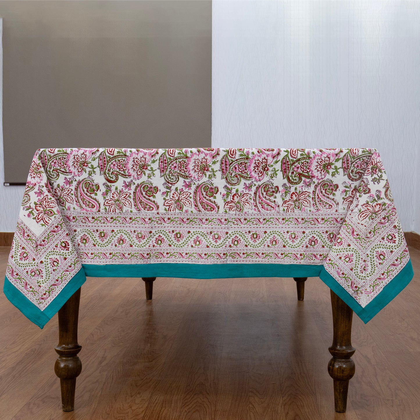 Pink and Green Block Print Cotton Tablecloth, Handmade Indian Rectangle Table Linen - My Store