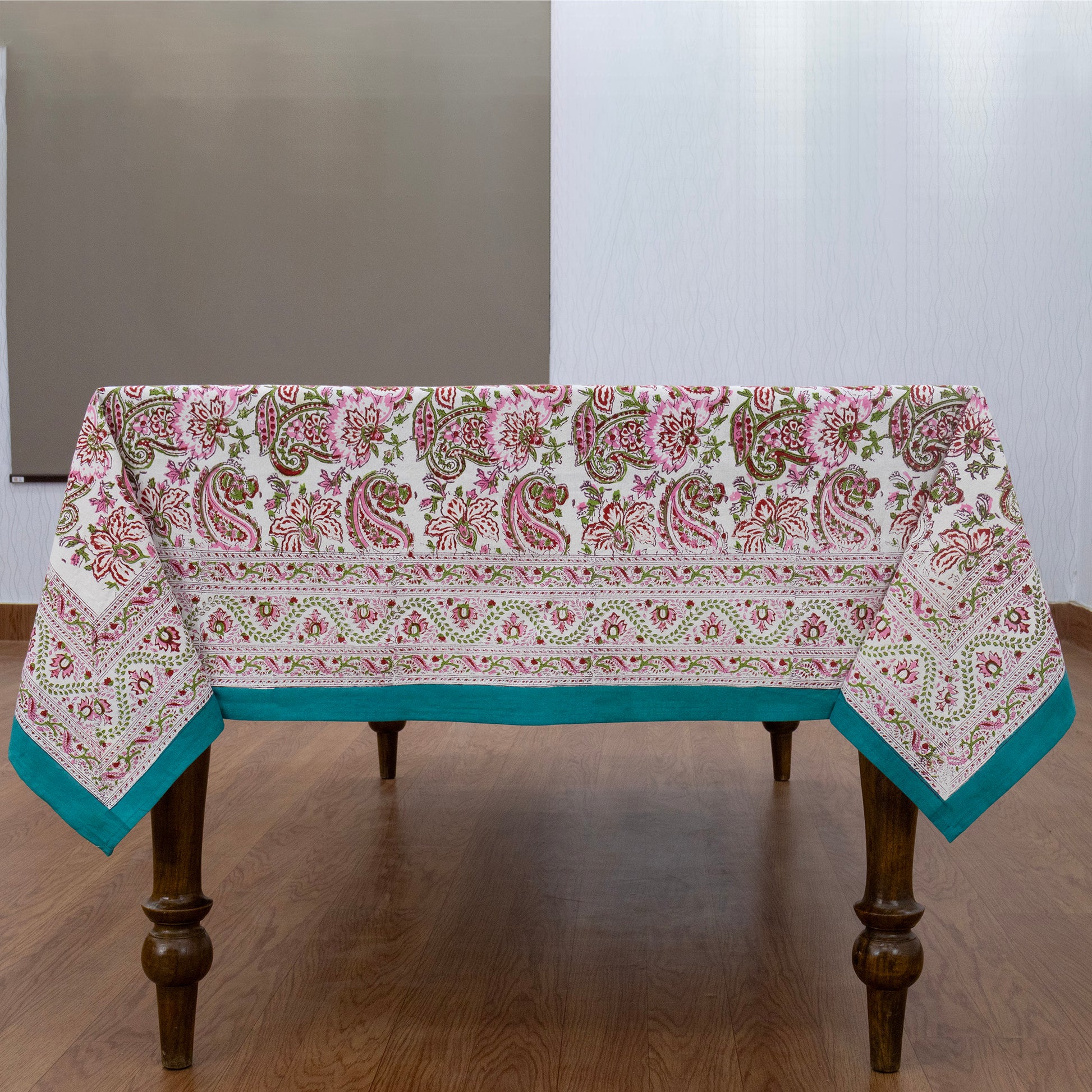 Pink and Green Block Print Cotton Tablecloth, Handmade Indian Rectangle Table Linen - My Store