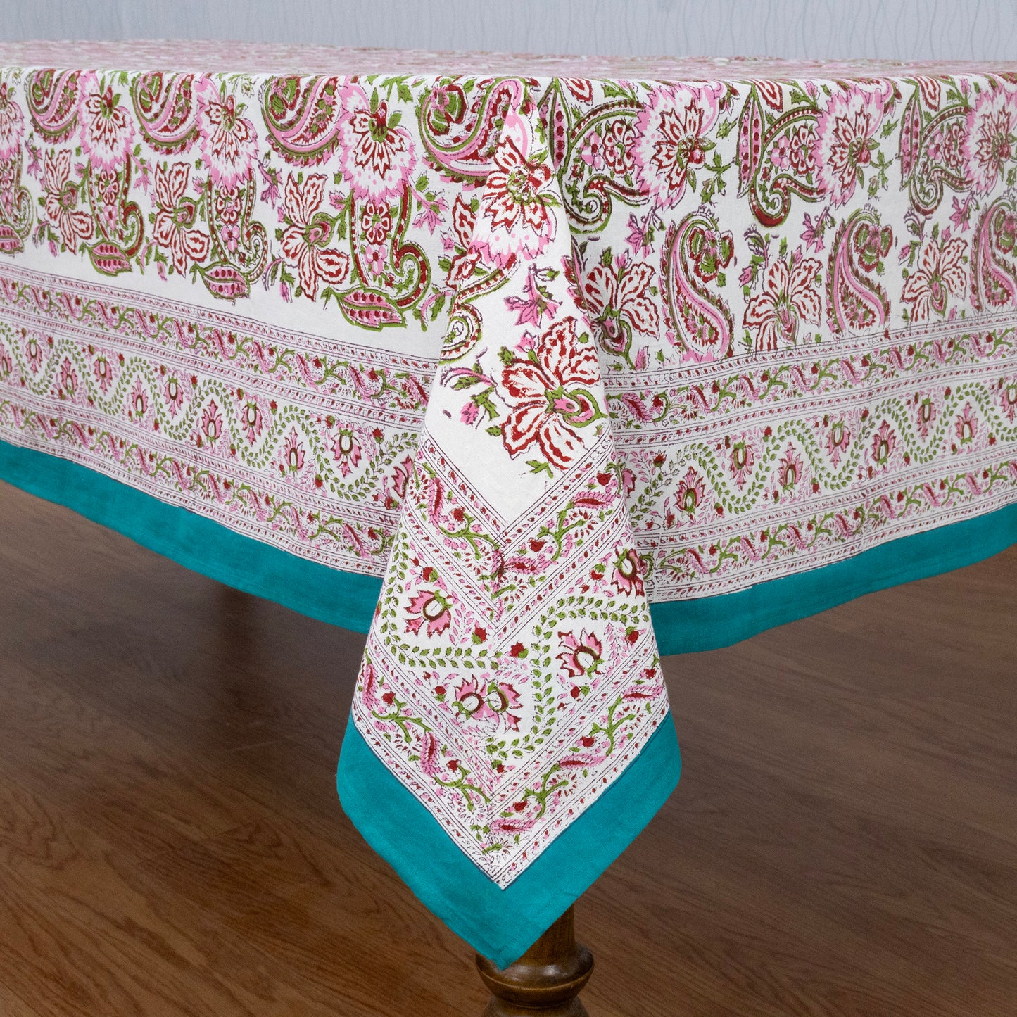Pink and Green Block Print Cotton Tablecloth, Handmade Indian Rectangle Table Linen - My Store