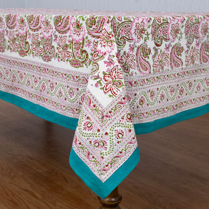 Pink and Green Block Print Cotton Tablecloth, Handmade Indian Rectangle Table Linen - My Store