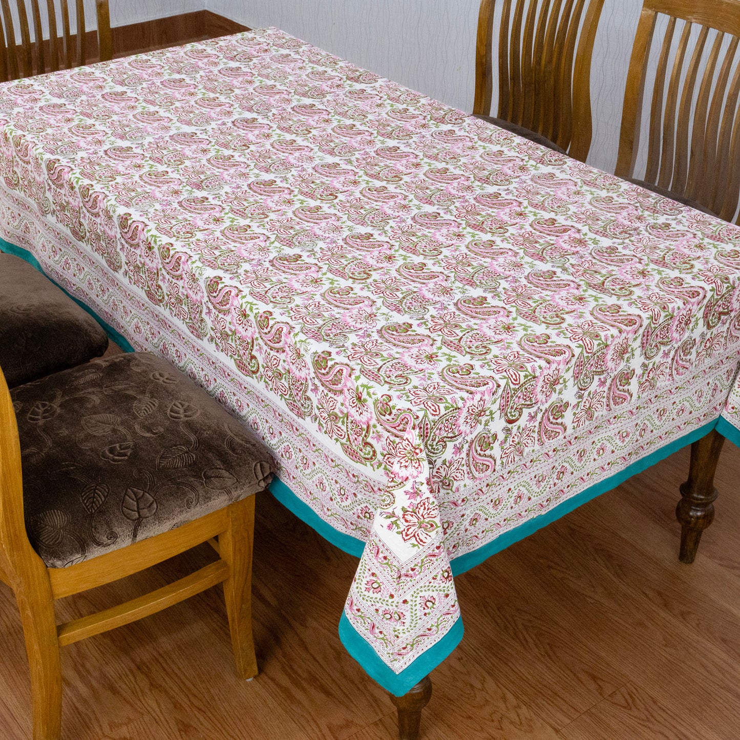 Pink and Green Block Print Cotton Tablecloth, Handmade Indian Rectangle Table Linen - My Store