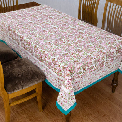 Pink and Green Block Print Cotton Tablecloth, Handmade Indian Rectangle Table Linen - My Store